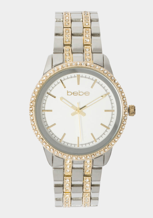 Silver Textured Dial Crystal Bezel Watch Two-Tone Gold-Silver - bebe