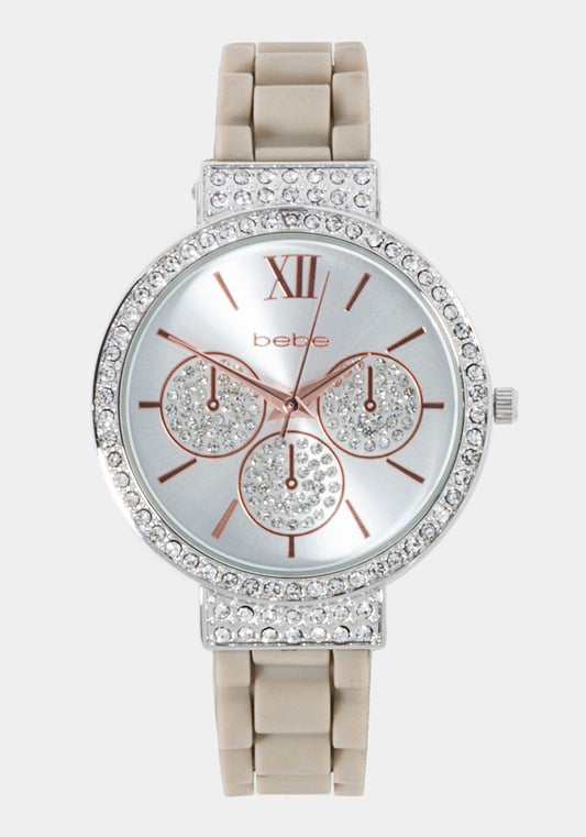Taupe Crystal Bezel Roman Numeral Watch Silvertone And Taupe - bebe