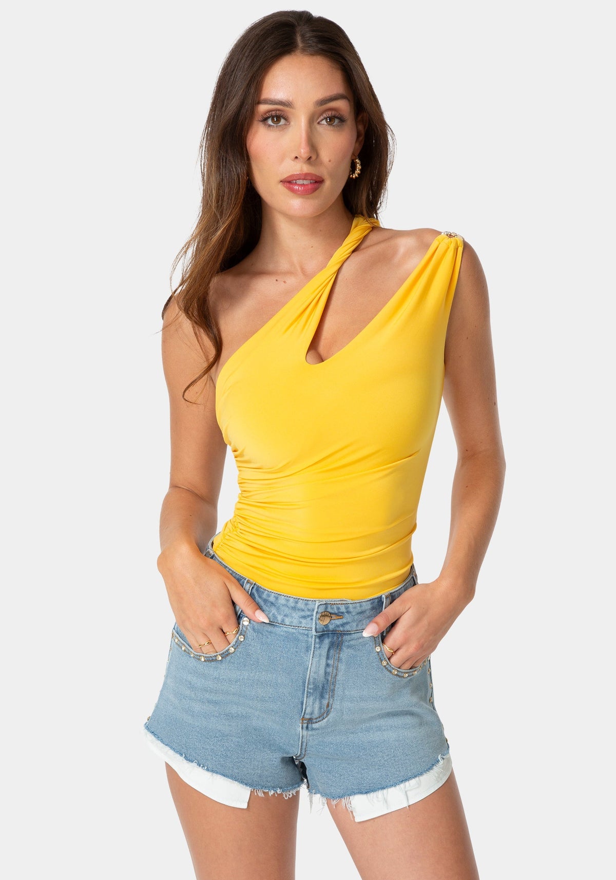 One Shoulder Twisted Top Mango Spritz - bebe