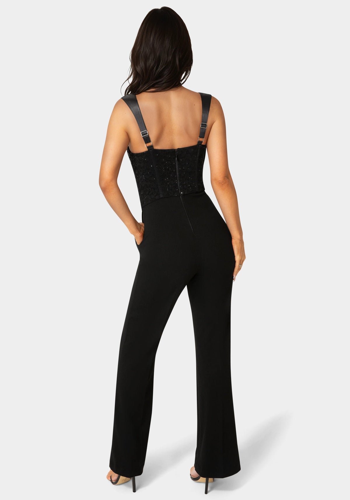 Straight Flare Leg Lace Corset Jumpsuit Black - bebe