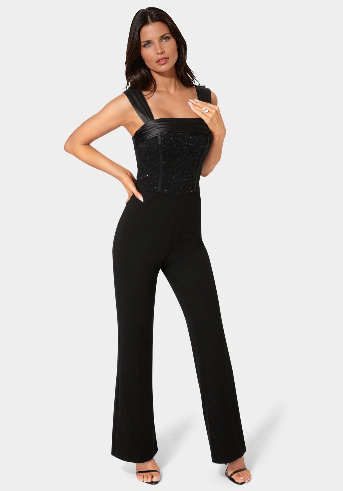 Straight Flare Leg Lace Corset Jumpsuit Black - bebe