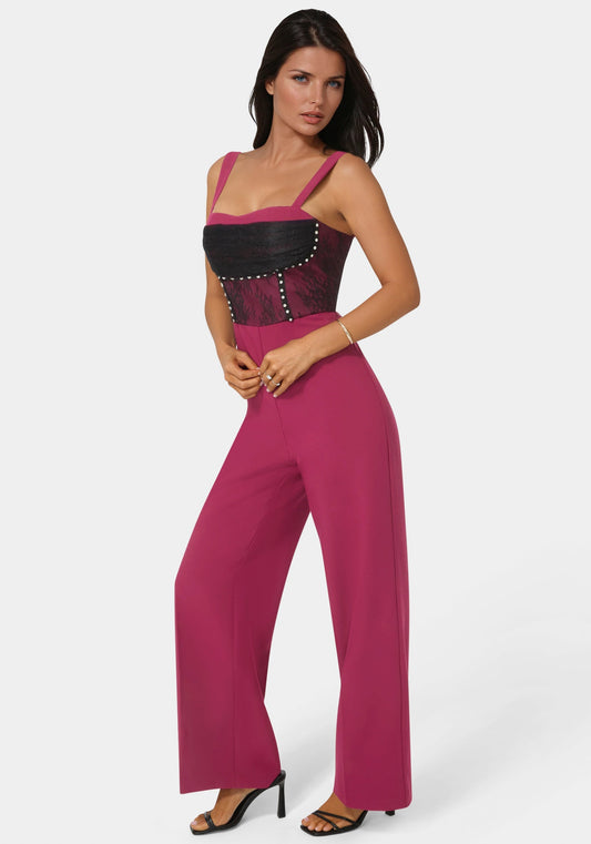 Lace Piecing Corset Jumpsuit Berry Kiss - bebe