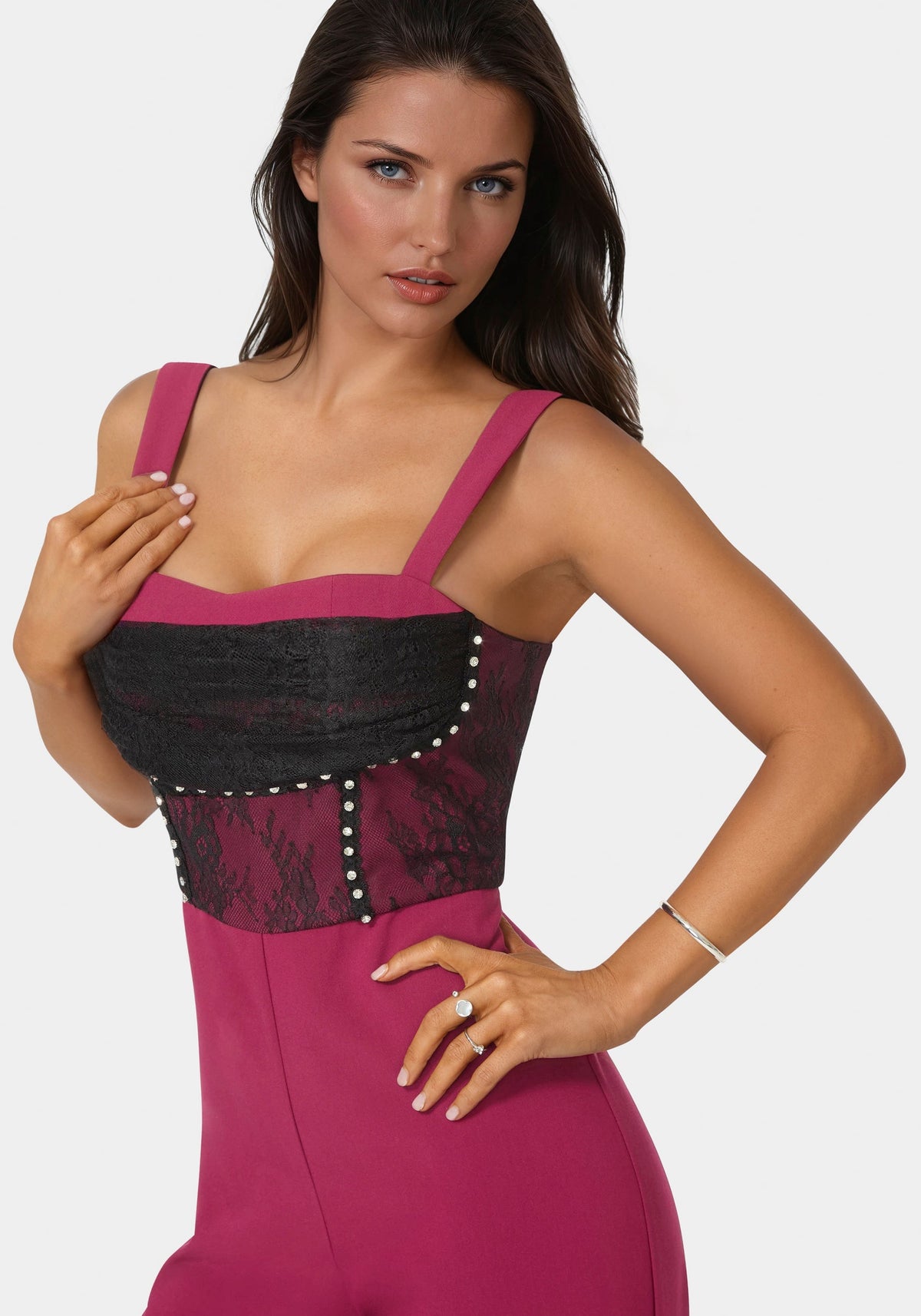 Lace Piecing Corset Jumpsuit Berry Kiss - bebe