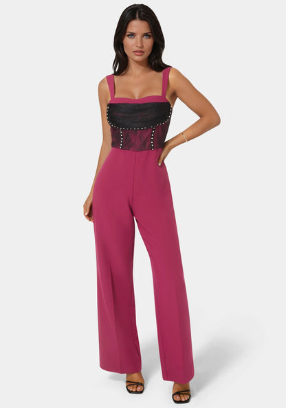 Lace Piecing Corset Jumpsuit Berry Kiss - bebe