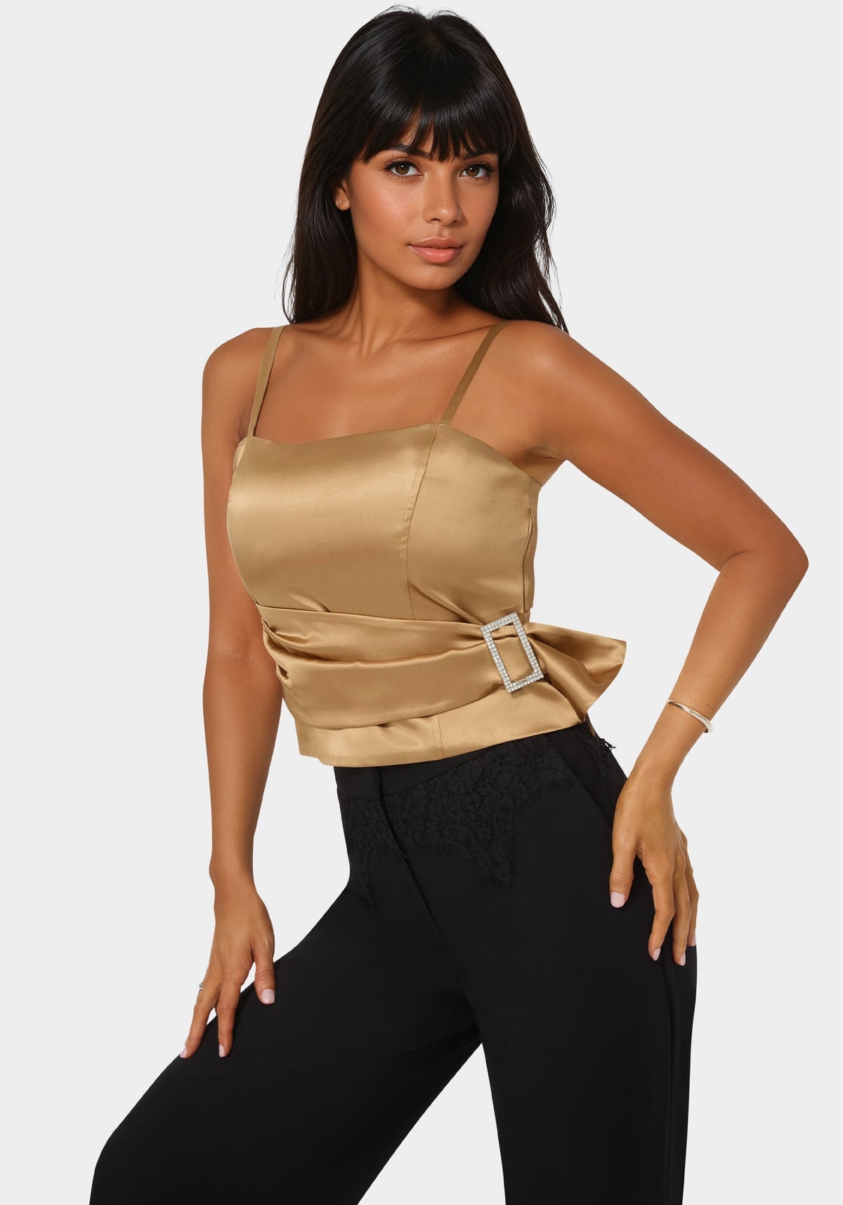 Satin Rhinestone Buckle Corset Top Gold - bebe
