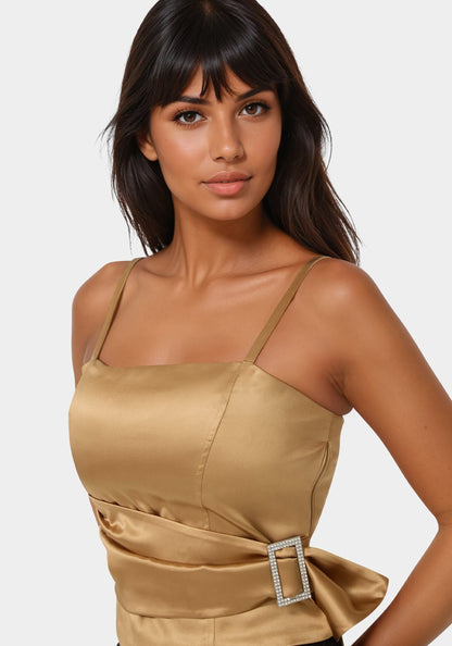 Satin Rhinestone Buckle Corset Top Gold - bebe