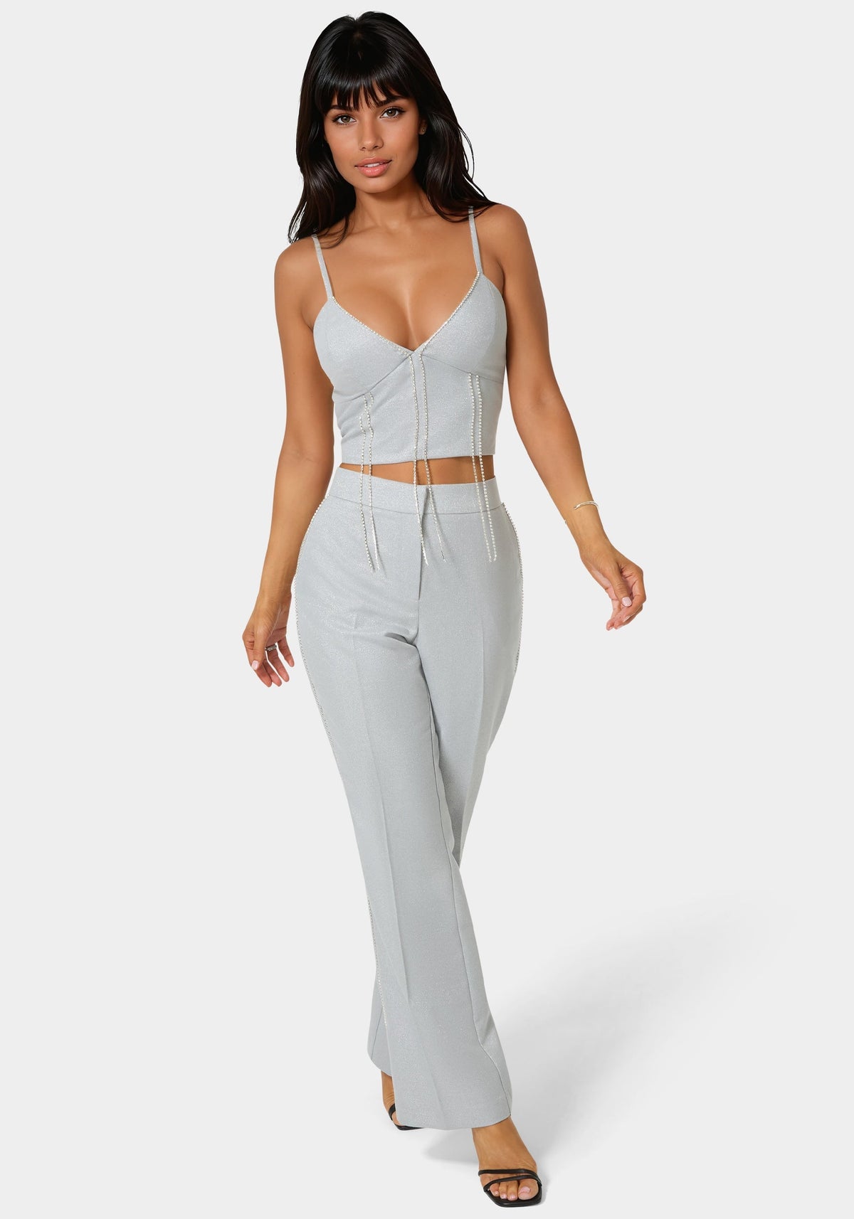 Glittery Rhinestone Chain Fitted Top Silver - bebe