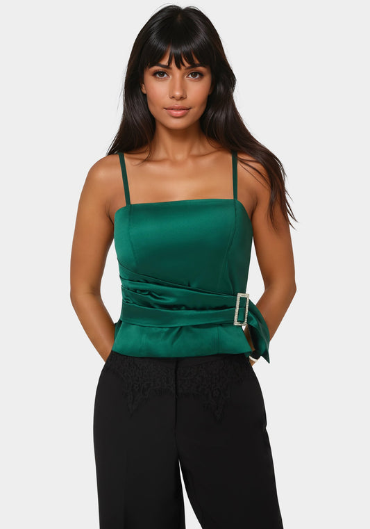Satin Rhinestone Buckle Corset Top Sapphire Green - bebe