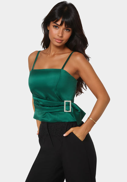 Satin Rhinestone Buckle Corset Top Sapphire Green - bebe