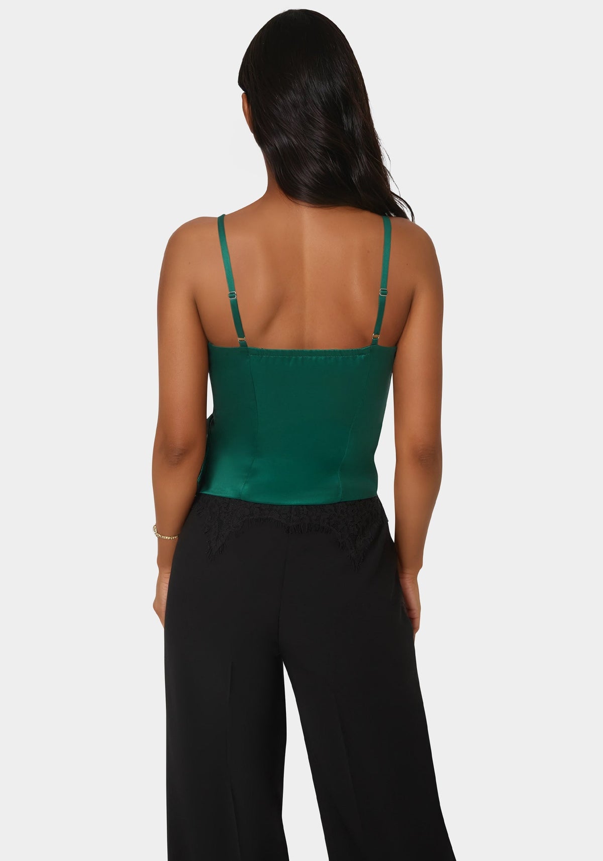 Satin Rhinestone Buckle Corset Top Sapphire Green - bebe