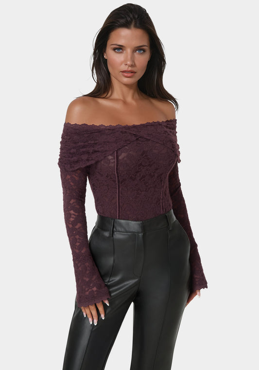 Off Shoulder Fluffy Lace Top Coco Bordeaux - bebe