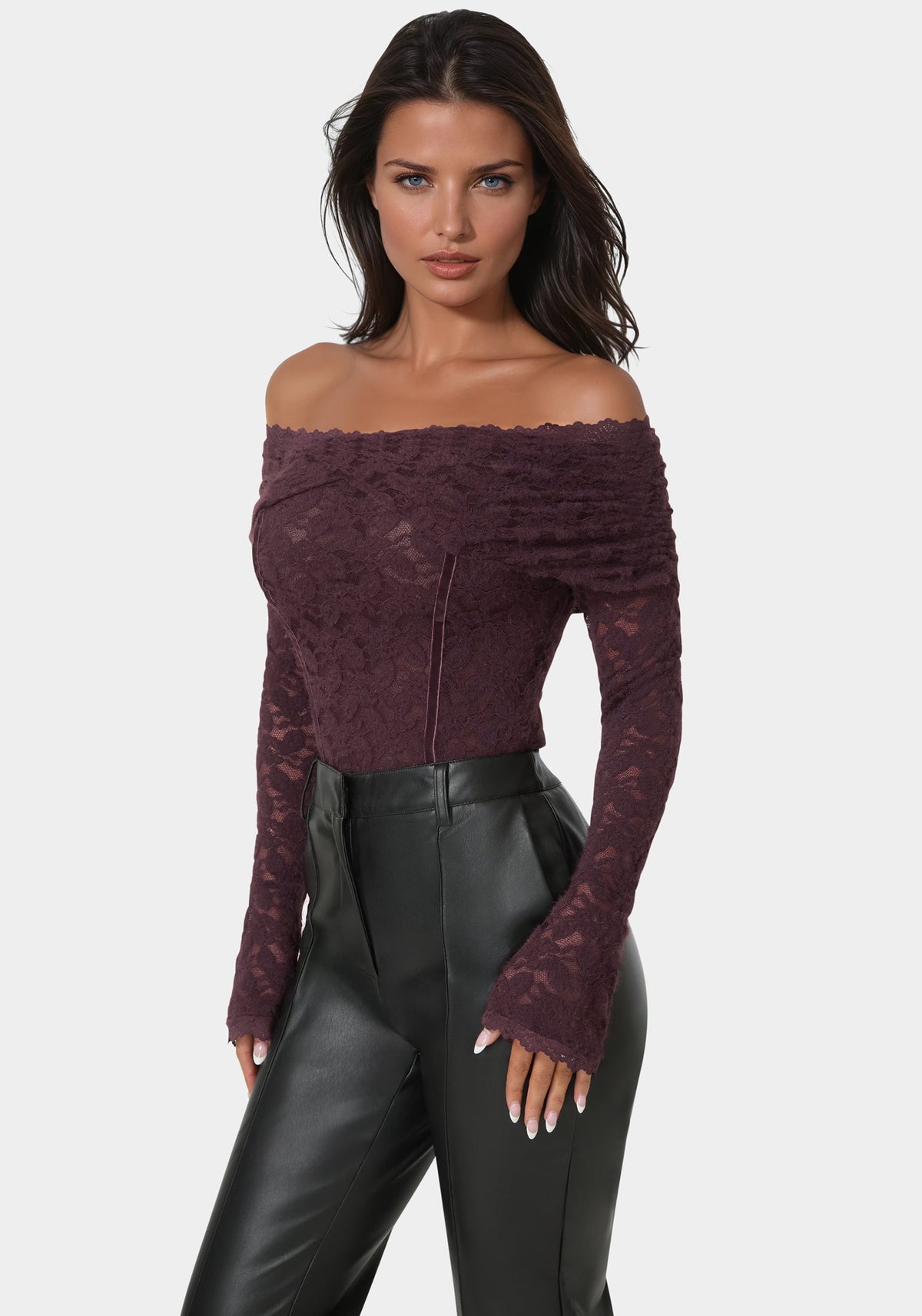 Off Shoulder Fluffy Lace Top Coco Bordeaux - bebe