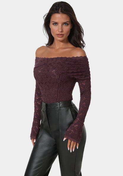 Off Shoulder Fluffy Lace Top Coco Bordeaux - bebe