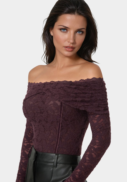 Off Shoulder Fluffy Lace Top Coco Bordeaux - bebe
