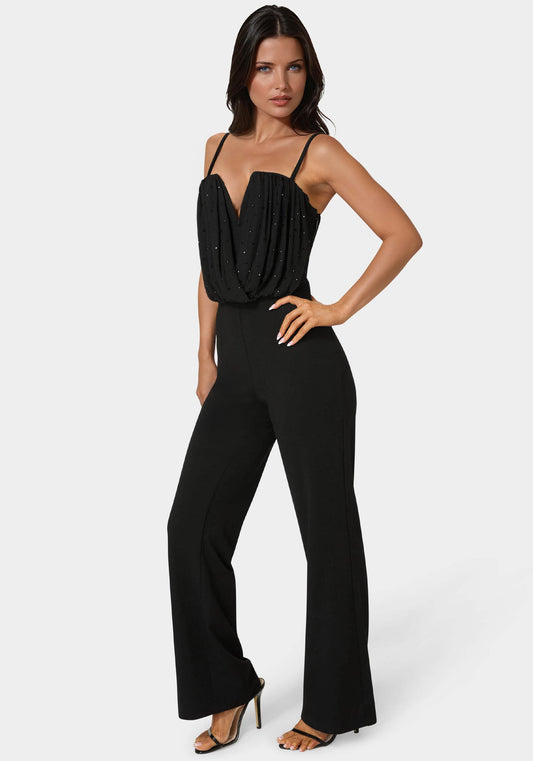 Embellished Flared Leg Jumpsuit Black - bebe