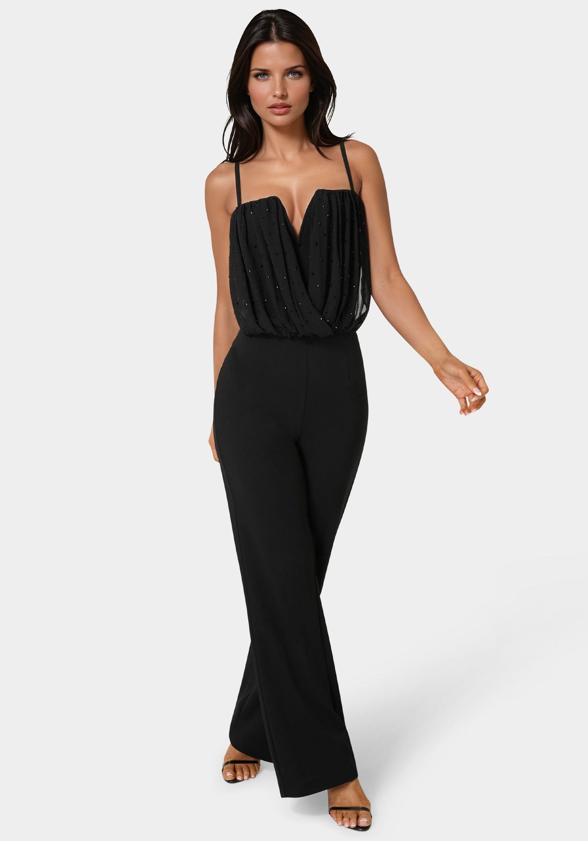 Embellished Flared Leg Jumpsuit Black - bebe