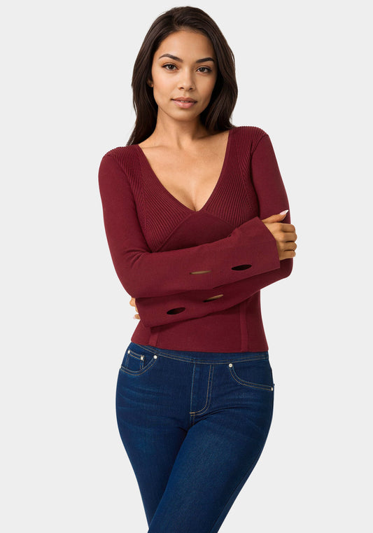 Cut Out Sleeve Detail Sweater Cabernet - bebe