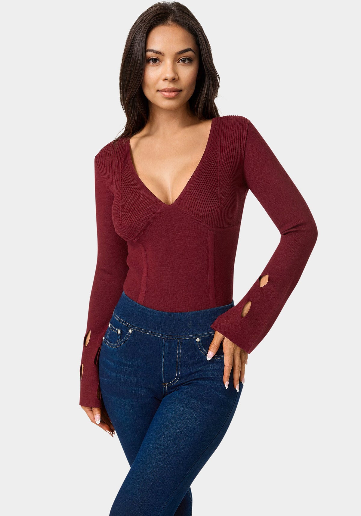 Cut Out Sleeve Detail Sweater Cabernet - bebe