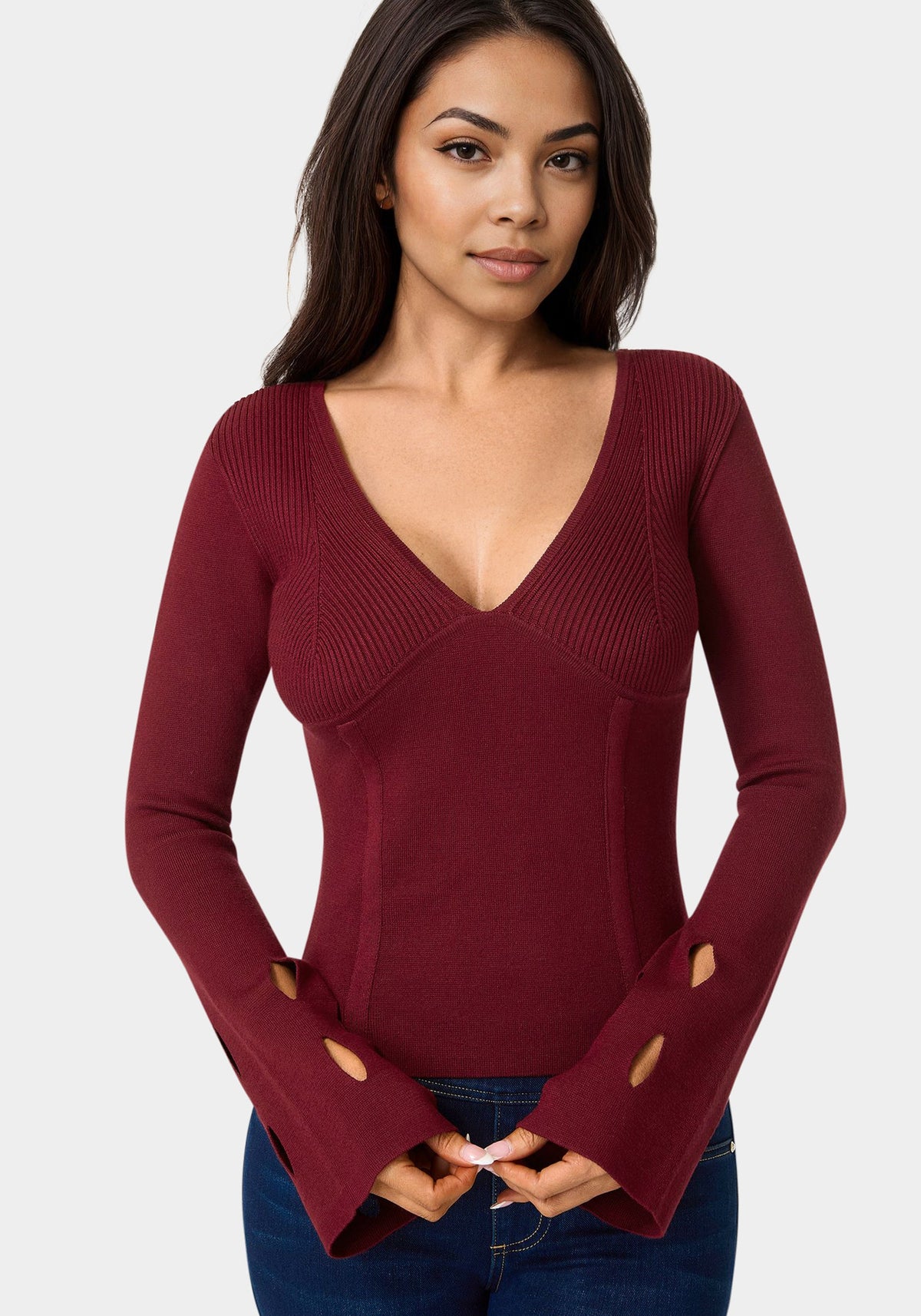 Cut Out Sleeve Detail Sweater Cabernet - bebe