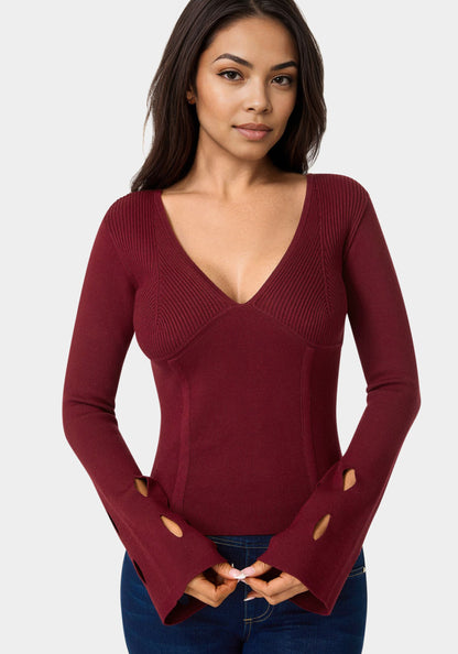 Cut Out Sleeve Detail Sweater Cabernet - bebe