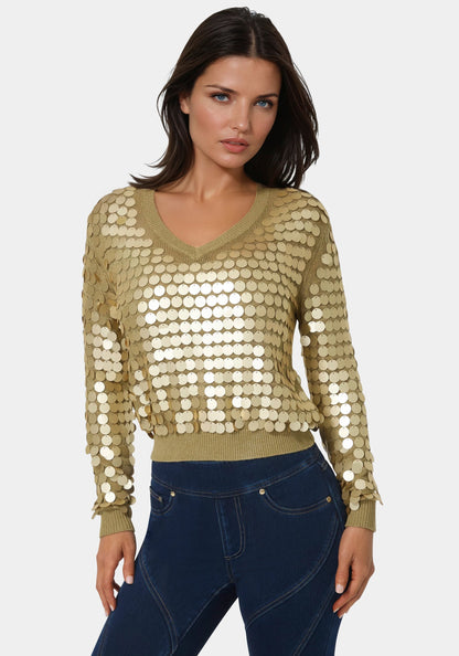 Metallic Gold Sequin Sweater Gold - bebe