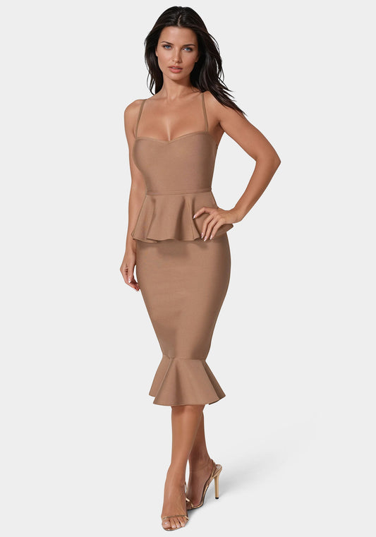 Peplum Bandage Midi Dress Mocha - bebe