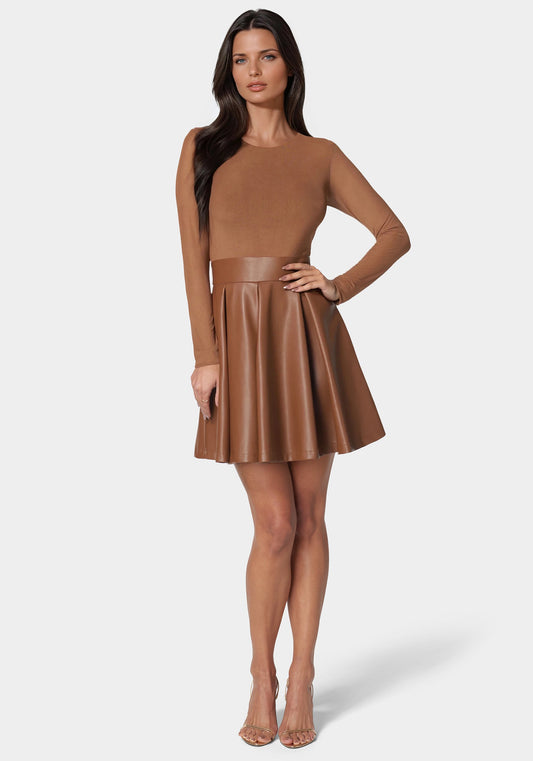 Faux Leather Flare Dress Warm Caramel - bebe Warm Caramel - bebe