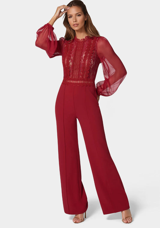 Lace Top Straight Leg Jumpsuit Scarlet - bebe
