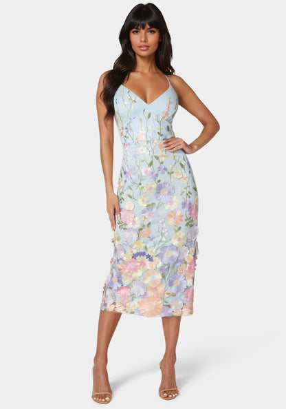 Floral Embroidered Midi Dress Blue Multi - bebe