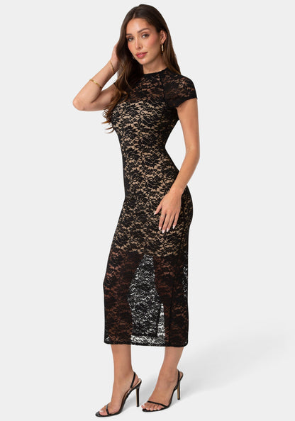 Lace Cap Sleeve Midi Dress Black - bebe