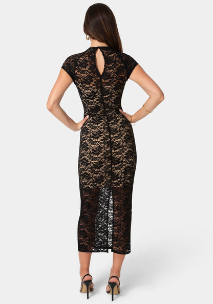 Lace Cap Sleeve Midi Dress Black - bebe