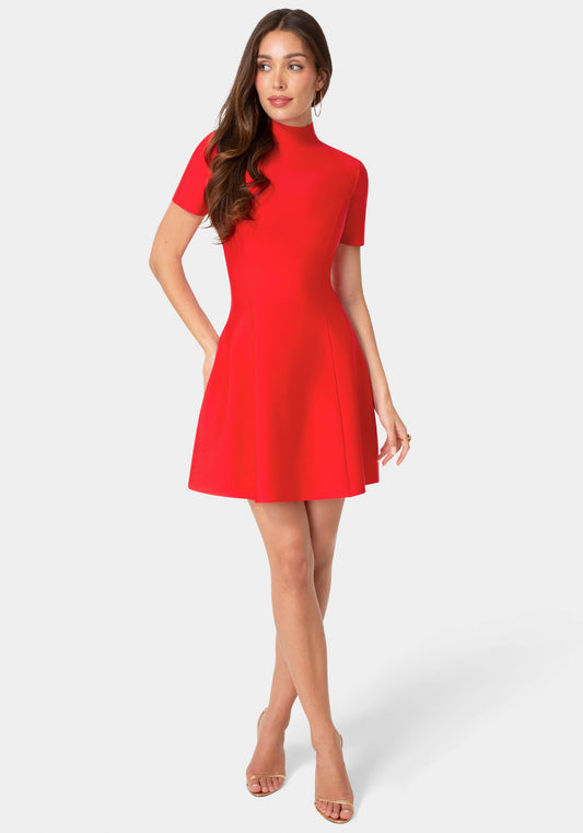 Fit and Flare Short Sleeve Bandage Dress Red - bebe