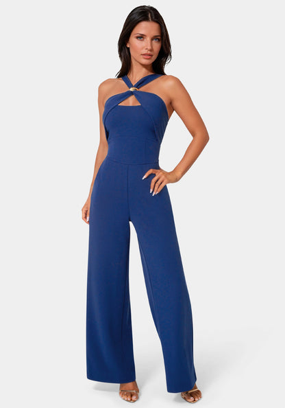 Knit Crepe Twist Wide Leg Jumpsuit Blue Intention - bebe