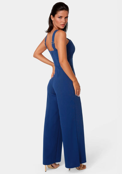 Knit Crepe Twist Wide Leg Jumpsuit Blue Intention - bebe