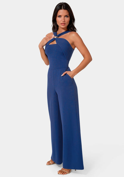 Knit Crepe Twist Wide Leg Jumpsuit Blue Intention - bebe