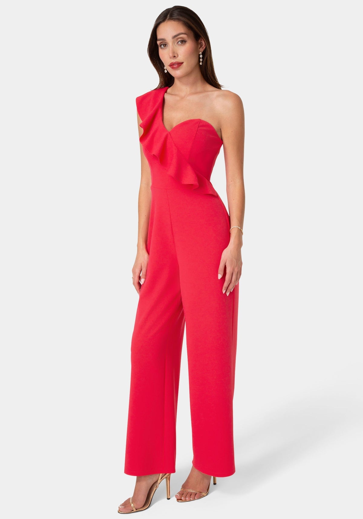 One Shoulder Ruffle Jumpsuit Fuchsia - bebe
