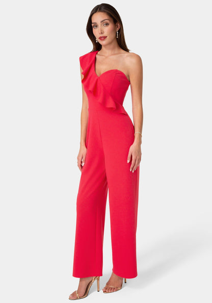 One Shoulder Ruffle Jumpsuit Fuchsia - bebe