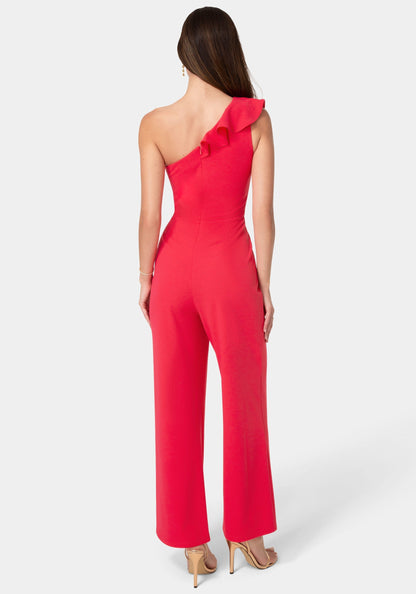 One Shoulder Ruffle Jumpsuit Fuchsia - bebe