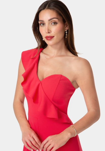 One Shoulder Ruffle Jumpsuit Fuchsia - bebe