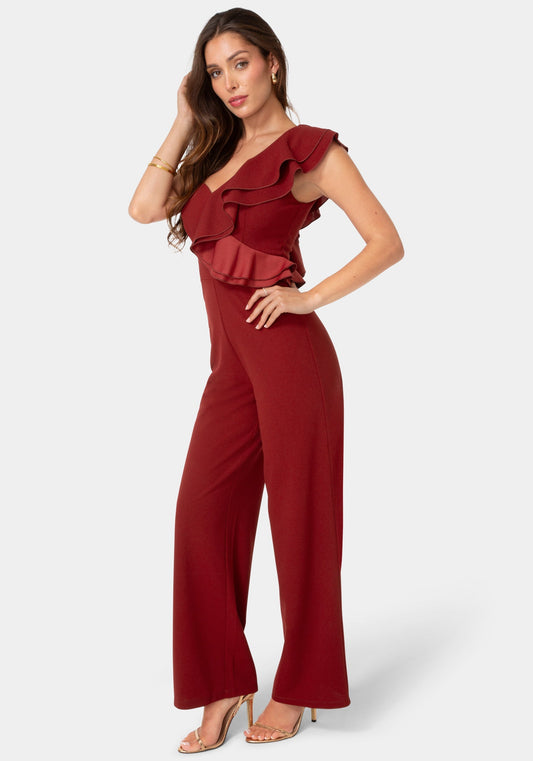 One Shoulder Ruffle Jumpsuit Wine - bebe