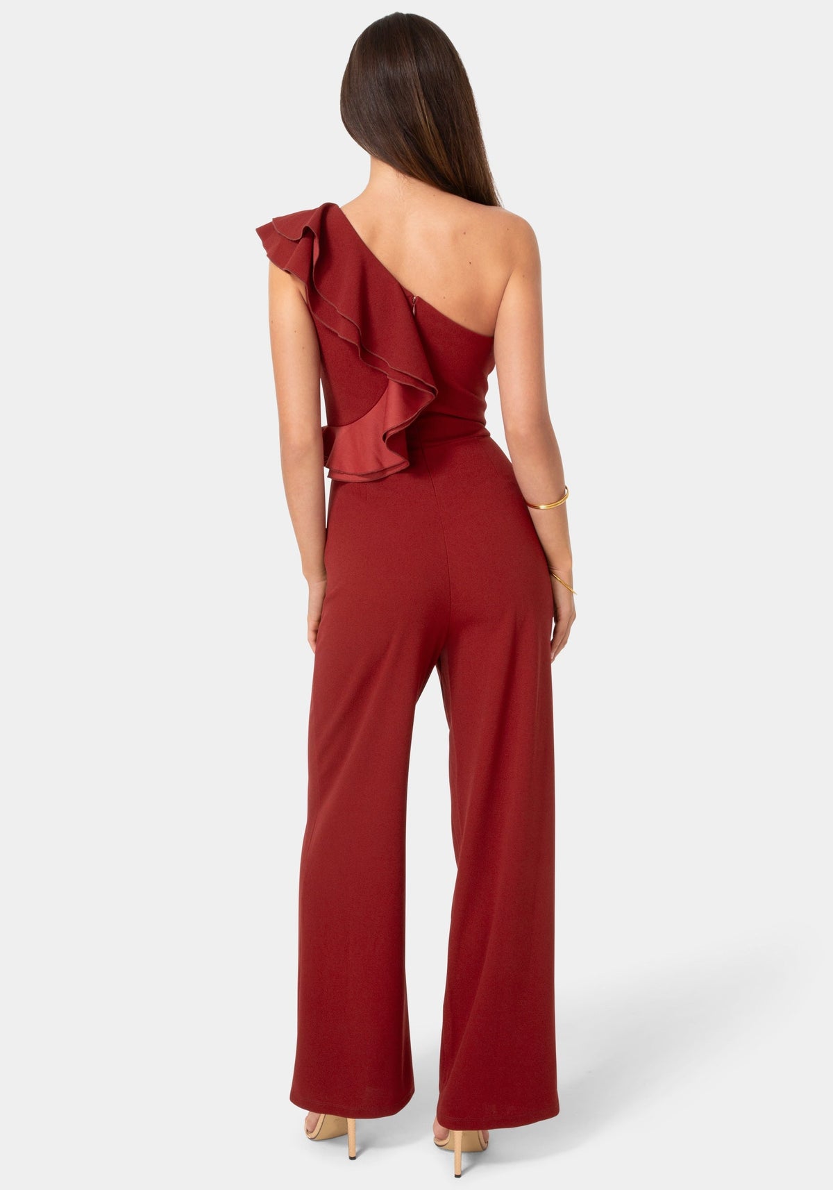 One Shoulder Ruffle Jumpsuit Wine - bebe