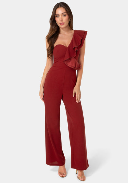 One Shoulder Ruffle Jumpsuit Wine - bebe
