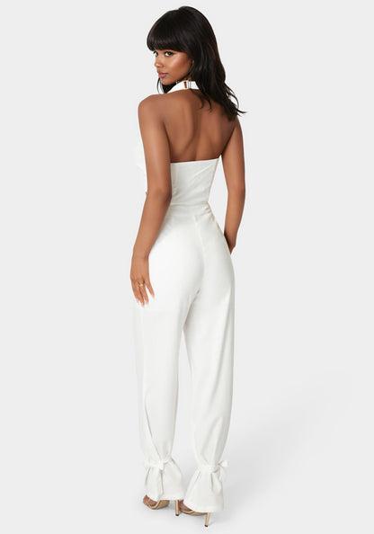 Tailored Vest Style Halter Jumpsuit White Alyssum - bebe