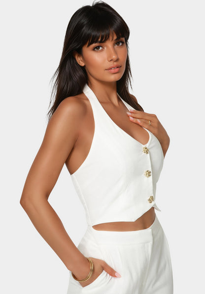 Tailored Vest Style Halter Jumpsuit White Alyssum - bebe