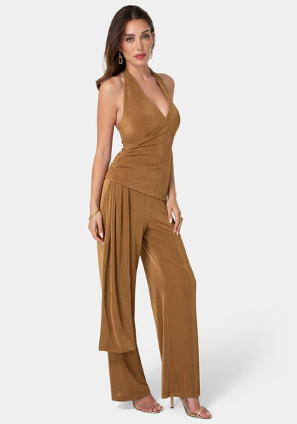 Slinky Drop Waist Halter Jumpsuit Bronze - bebe
