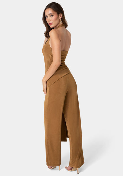 Slinky Drop Waist Halter Jumpsuit Bronze - bebe