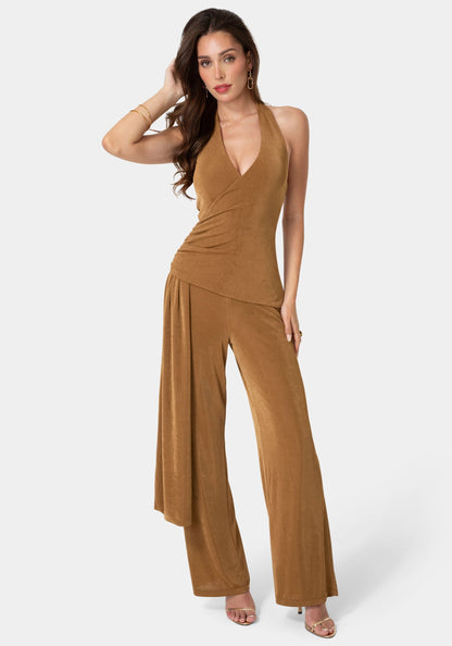 Slinky Drop Waist Halter Jumpsuit Bronze - bebe