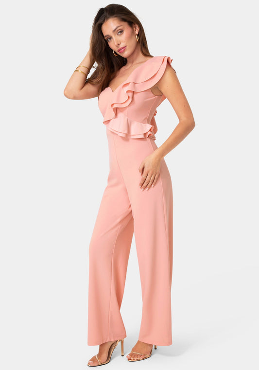 One Shoulder Ruffle Jumpsuit Rose - bebe