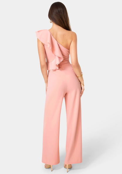 One Shoulder Ruffle Jumpsuit Rose - bebe