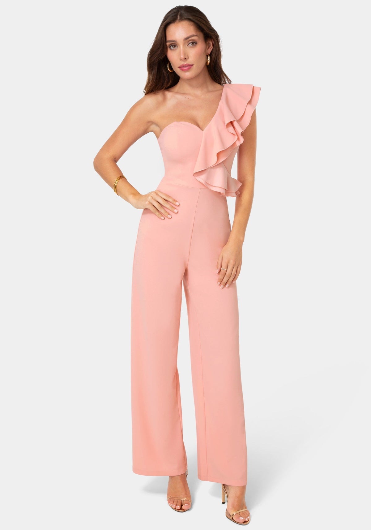 One Shoulder Ruffle Jumpsuit Rose - bebe